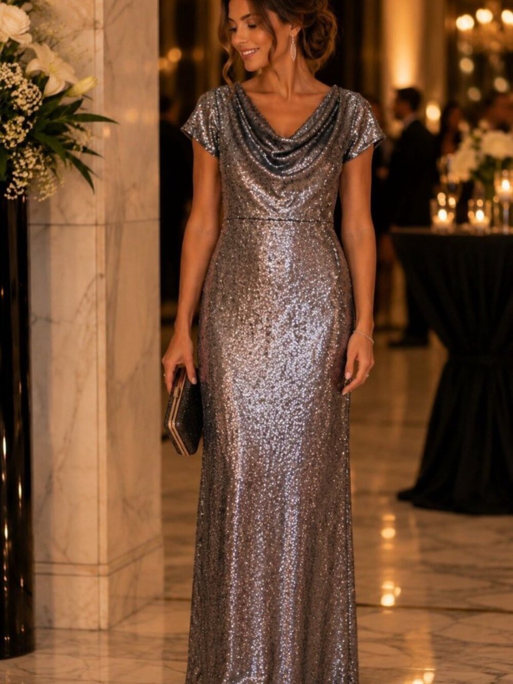 Halston Heritage Formal Evening Gown 6 Gunmetal Cocktail Maxi Dress Cowl Neck